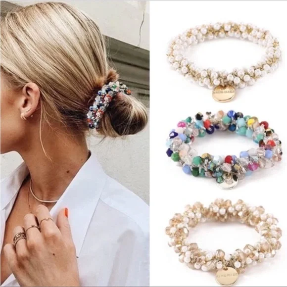 3 Pack Crystal Hair Ties White Elastic Hair Scrunchies Pearl Hair Ropes Bead Rhinestone Pearl Decorated Hair Elastic Ponytail Holder  main image 3